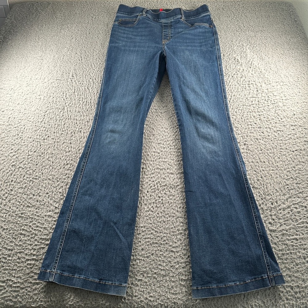 SPANX Jeans Womens L Flare Leg Pull On Stretch Denim Dark‎ Blue Elastic Waist